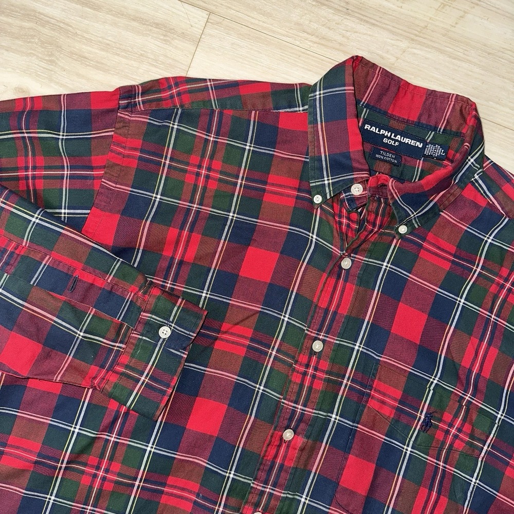 Ralph Lauren Golf‎ Shirt Men Large Tilden Button Up Long Sleeve Red Green Plaid